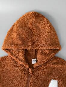 男大童字母貼布落肩袖連帽絨毛外套不帶T恤 - 棕色 - 查看 4
