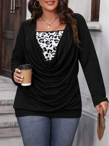 SHEIN LUNE Plus Leopard Print Draped Front Tee - Black - View 3