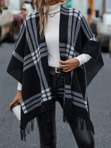 SHEIN LUNE Plaid Pattern Fringe Trim Batwing Sleeve Duster Cardigan - Black - View 5