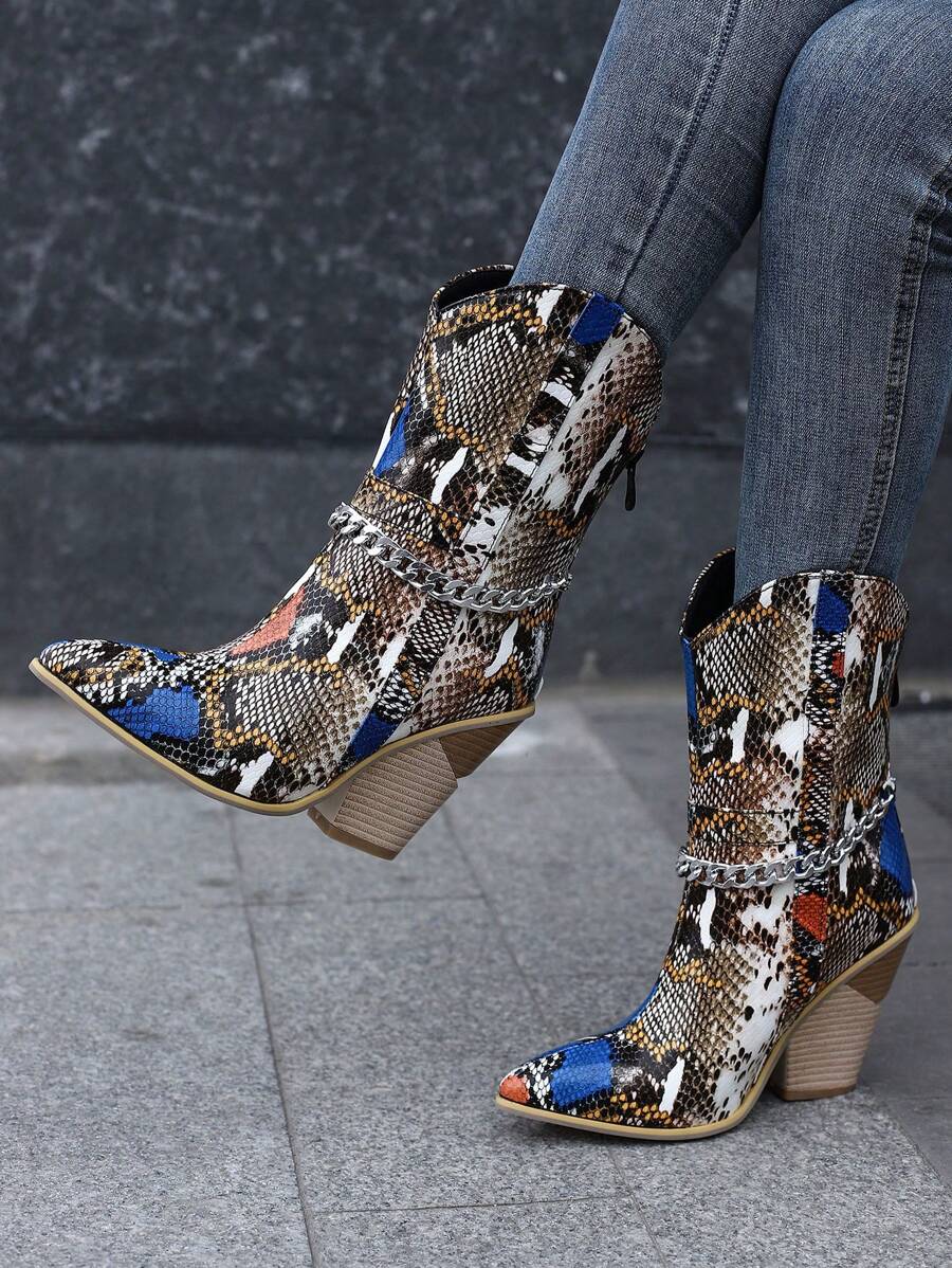 Western Style Snake Print Pointed Toe Boots For Women, Colorful, Wood Grain Patterned Heel With Chain Decoration (pattern Random) - Multicolor - View 1