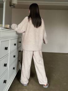 DAZY Half Zip Drop Shoulder Flannelette Lounge Set,Thermal Lined Fall,Winter Clothes Fluffy Pajama, Cozy Outfit