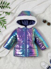 Baby Girls Holographic Fuzzy Trim Hooded Padded Coat - Multicolor - View 1