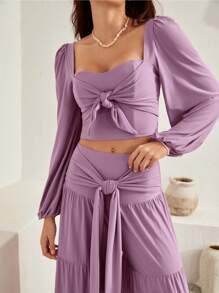 Bohemela Sweetheart Neck Lantern Sleeve Crop Top & Tie Front Ruffle Hem Skirt