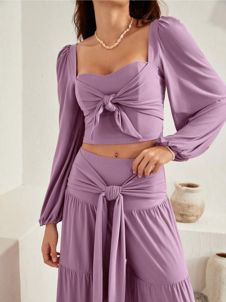 Sweetheart Neck Lantern Sleeve Crop Top & Tie Front Ruffle Hem Skirt