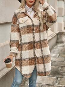 Chiquease Plaid Pattern Drop Shoulder Flap Detail Teddy Coat - Multicolor - View 3