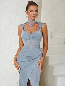 Vestido bajo cruzado con tira cruzada delantera de malla fruncido - Celeste - Ver 3