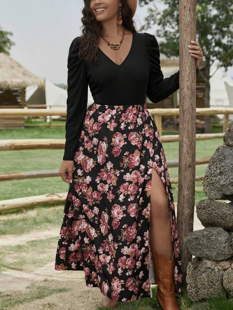 Plus Puff Sleeve Tee & Floral Print Split Thigh Skirt