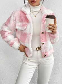 RosyDaze Áo khoác lông cổ bẻ kẻ caro giản dị, túi, thu/đông - Hồng - Xem 7