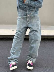 Manfinity Roghcode 男士斜口袋直筒牛仔褲，寬鬆長款酸洗深色牛仔褲，裝載平原淺藍色派對街頭穿著調味師 - 淺色水洗藍 - 查看 1