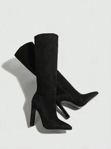 女士尖头保暖内衬拉链高跟过膝长靴，黑色，冬季，性感，派对 - 黑色 - 查看 3