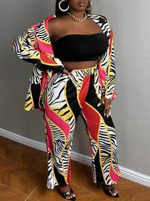 Slaydiva Plus Zebra Striped & Chain Print Blazer & Flare Leg Pants - Multicolor - View 5