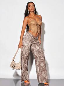 SHEIN BAE 前繫帶不對稱下擺吊帶上衣 - 棕色 - 查看 4