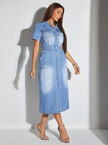 SHEIN BAE Button Front Denim Dress - Light Wash - View 6