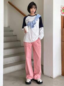 DAZY Áo thun tay dài họa tiết chữ Raglan tương phản dành cho nữ, Quần áo mùa thu cho nữ - Đen và trắng - Xem 13