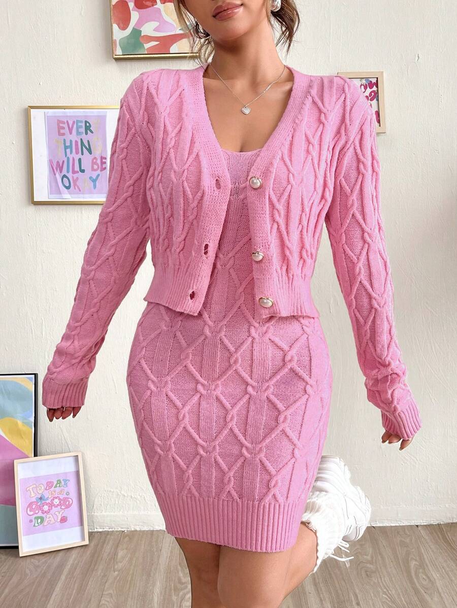 SHEIN Qutie Cable Knit Cardigan & Cami Sweater Dress - Dusty Pink - View 1