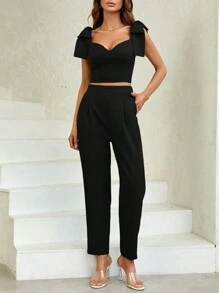 SHEIN Privé Jednolity Zawiązywane na ramionach Crop top i spodnie