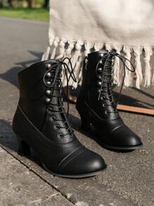 女性時尚踝靴帶粗跟高跟鞋,十字交叉薄背帶和小腿中部風格,大碼可用 - 黑色 - 查看 4