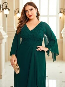 SHEIN Belle Plus Contrast Lace Cloak Sleeve Bridesmaid Dress - Dark Green - View 5