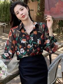 DAZY Camisa de manga larga con botones y estampado floral, atuendo de vacaciones para mujeres - Negro - Ver 4