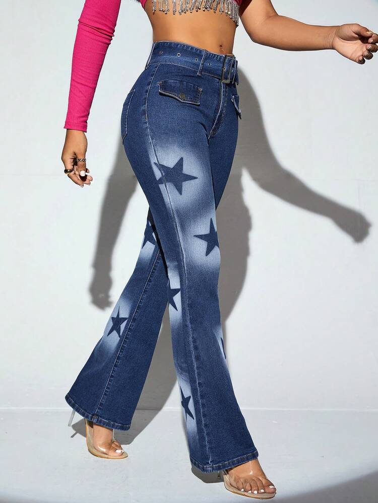 Star Print Flare Leg Jeans