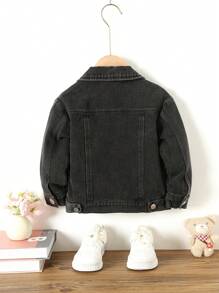 Young Girl 1pc Flap Pocket Denim Jacket - Black - View 2
