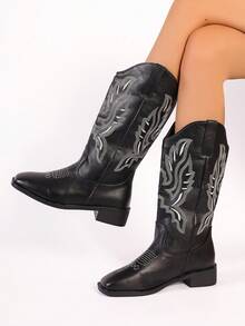 Fashionable Chunky Heel Versatile Western Cowboy Booties With V-cut & Embroidery Detail, Square Toe Riding Boots, Vintage Style - Black - View 4