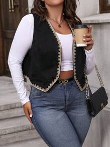 Calvaya Plus Contrast Trim Open Front Vest Jacket - Black - View 7