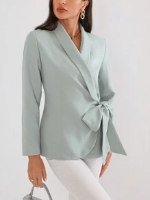 SHEIN Privé Blazer de cuello esmoquin cruzado con nudo lateral - Azul Cadete - Ver 4
