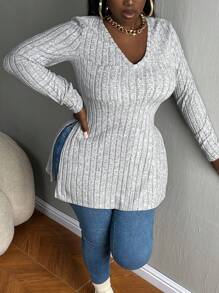 Slaydiva Plus Size Casual Home Wear - Stretchy Knit Texture Grey V-Neck Split T-Shirt - Grey - View 1