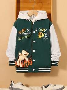 SHEIN Tween Boy Slogan Graphic Bear Decor Thermal Lined Varsity Jacket Without Hoodie - Green - View 3