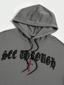 ROMWE MEN Goth 男士交叉&標語圖案落肩袖抽繩連帽衫 - 灰色 - 查看 3