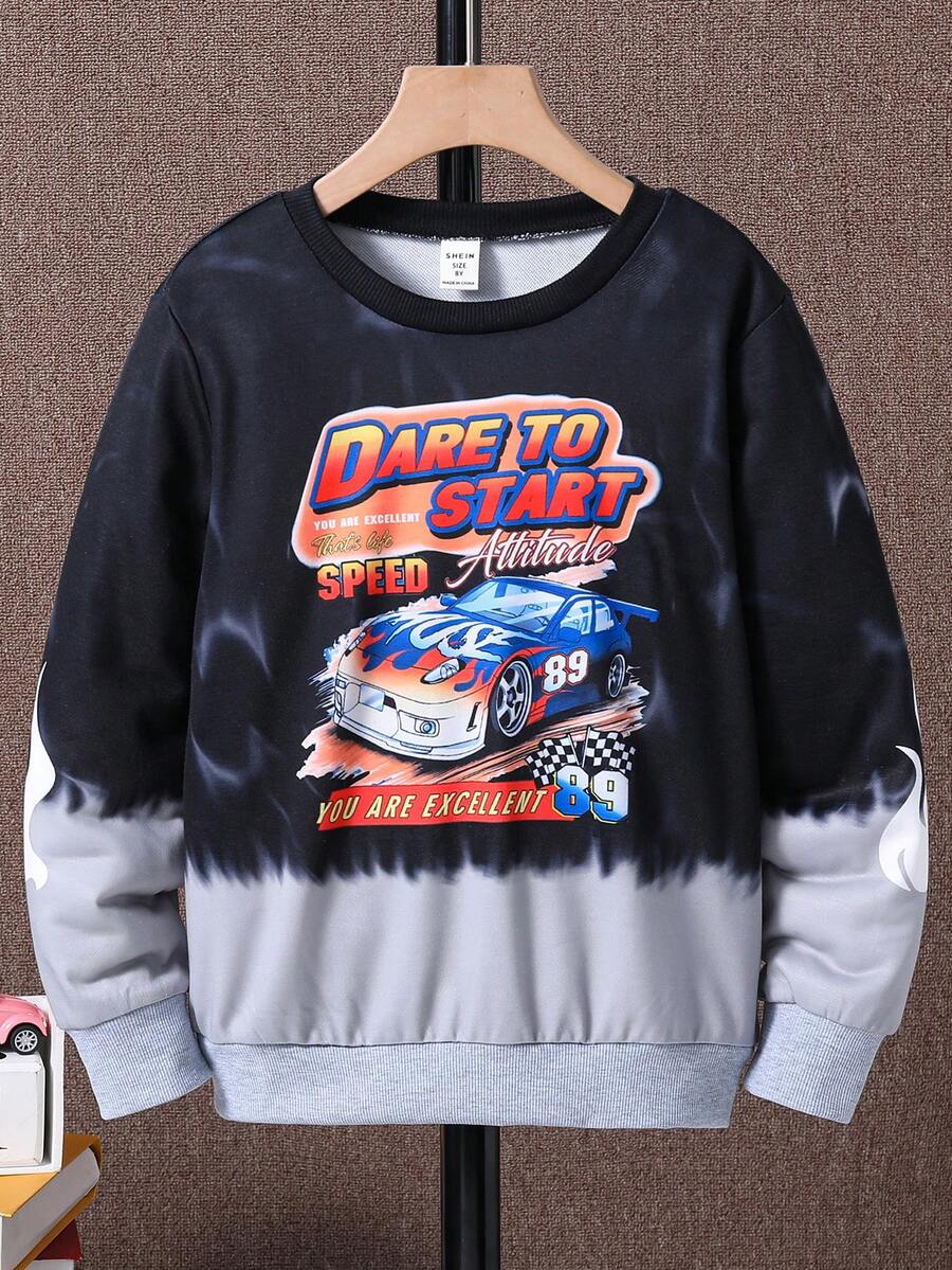 SHEIN Áo nỉ cổ tròn tay dài in hình xe đua chuyển màu dành cho bé trai - màu đen - Xem 1