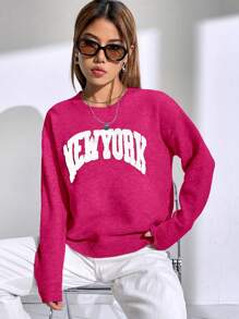SHEIN Unity Letter Pattern Drop Shoulder Sweater - Hot Pink - View 3