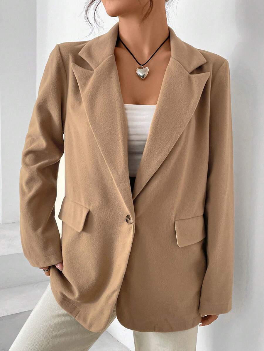 Muchica Lapel Neck Single Button Blazer - Khaki - View 1