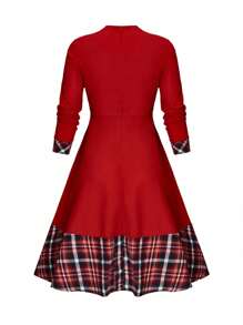 SHEIN Clasi Plus Plaid Tie Neck Ruffle Hem Dress - Red - View 2