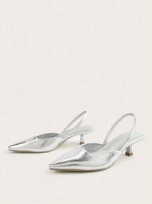 2025 新款女士优雅纯色简约后系带露跟平底鞋（鞋面随机剪裁） - 銀色 - 查看 3