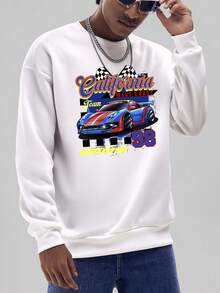 男士汽車和字母圖案落肩袖運動衫 - 白色 - 查看 4