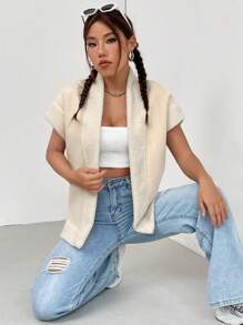 SHEIN Unity Tương phản Trang trí Fuzzy Mở Mặt trước áo - Màu be - Xem 6