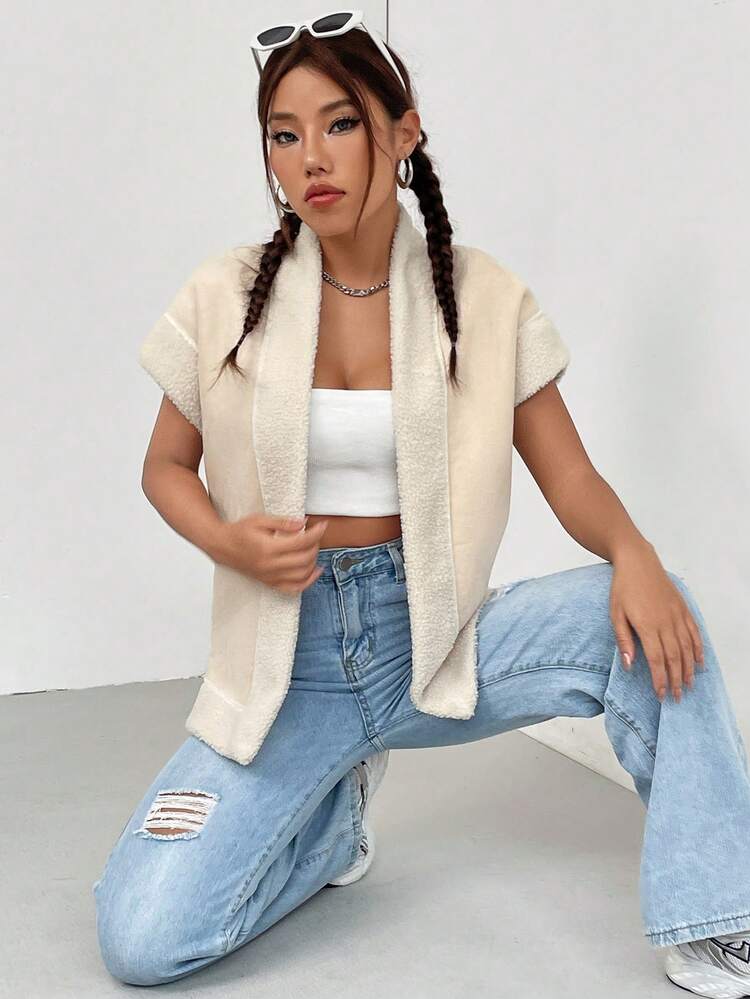 Contrast Fuzzy Trim Open Front Coat