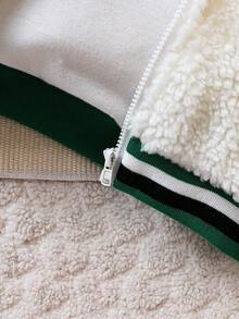 男嬰字母刺繡條紋飾邊絨毛飛行員夾克不帶T恤 - 綠色 - 查看 4