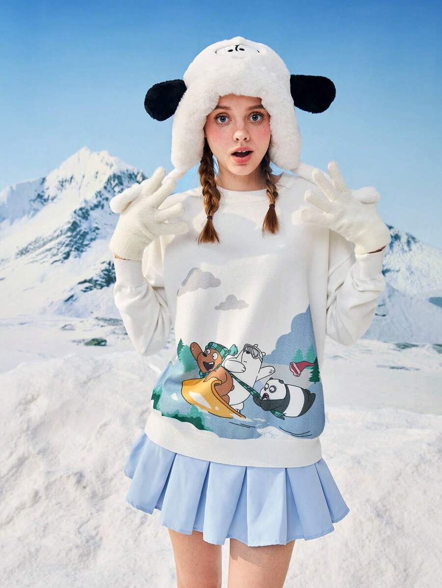 We Bare Bears X SHEIN Cartoon Pattern Drop Shoulder Sweater - White - View 1
