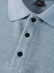 Manfinity Homme 男士純色短袖翻領紐扣休閒Polo衫，適用於丈夫 - 霧霾藍 - 查看 4