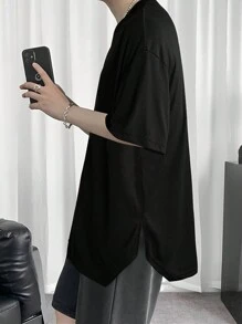 Claim Dot Đàn ông cộng Chất rắn Thả vai Curved Hem Áo thun - màu đen - Xem 4