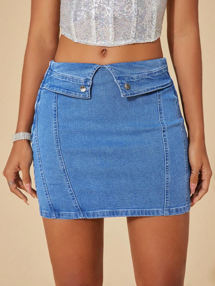 Flap Detail Bodycon Denim Skirt