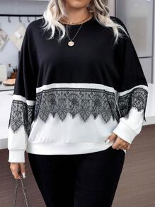 Calvaya 撞色拼接睫毛蕾丝落肩卫衣，适合毕业季、返校季、教师节等场合，秋冬新款。 - 黑與白 - 查看 3