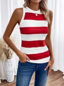 Chiquease 条纹印花背心 图案 T 恤 女式上衣 - 紅白色 - 查看 3