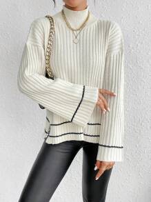 LanaWest Mock Neck Drop Shoulder Split Hem Sweater,Long Sleeve Tops Knit Pullover Fall Winter Sweater - Beige - View 4