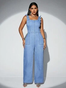 SHEIN SXY 荷葉邊闊腿牛仔背帶褲 - 淺色水洗藍 - 查看 1