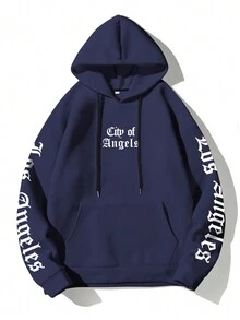 Manfinity Homme Men Letter Graphic Kangaroo Pocket Drawstring Hoodie - Blue - View 4