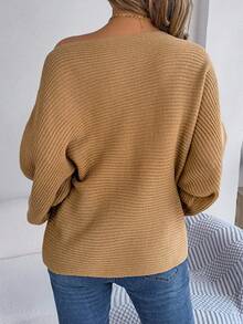 Asymmetrical Neck Rib Knitted Batwing Sleeve Sweater For Autumn - Khaki - View 3